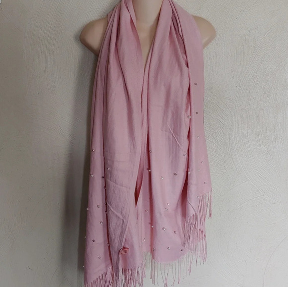 Pink Scarf/Shawl with Pearl and Silver Stud Accents Wide with Tassels - Picture 4 of 8